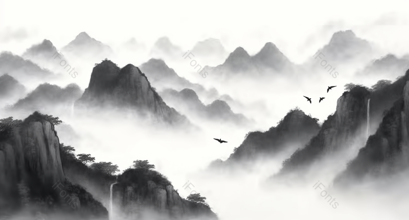 群山飞鸟中国风水墨黑白画,插画/手绘图,插画/手绘图库,插画/手绘图下载,插画/手绘